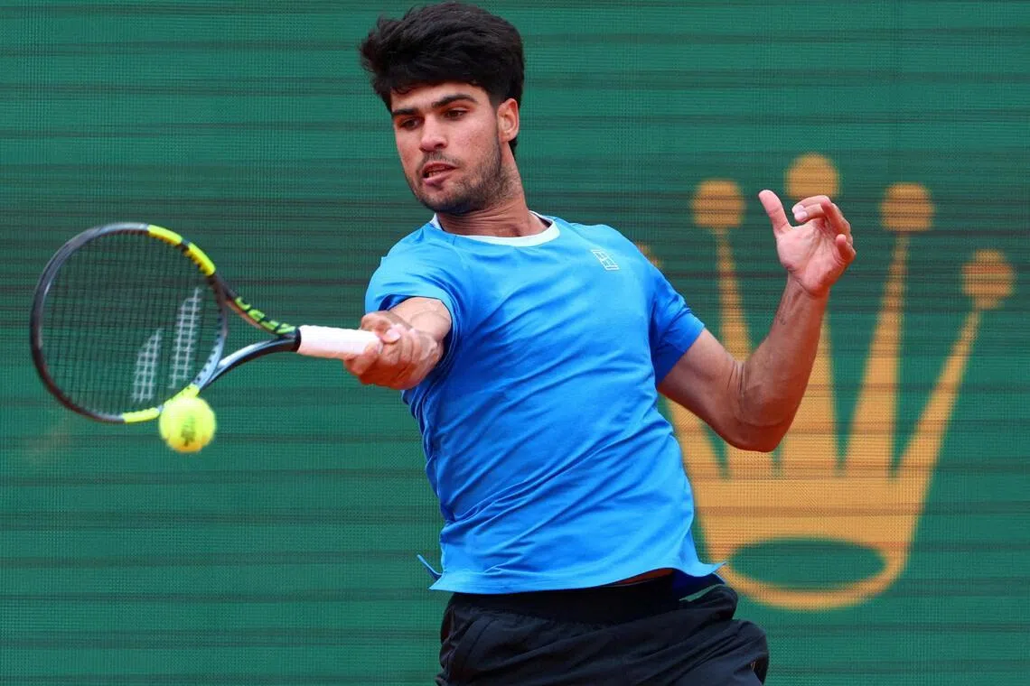 Spain's Carlos Alcaraz in action during the Monte Carlos Masters final against Italy's Jannik Sinner.
