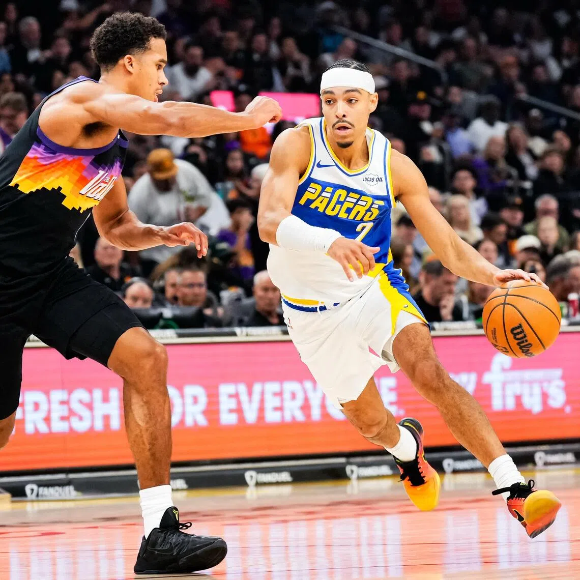 Indiana Pacers guard Andrew Nembhard drives to the basket against the Phoenix Suns during the first half at Mortgage Matchup Center.