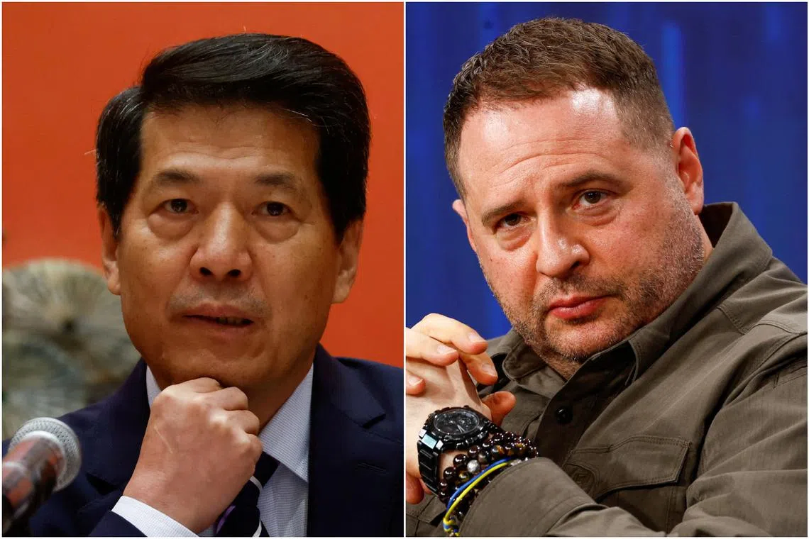 Mr Andriy Yermak (right) said he and his team presented the situation on the battlefield and Kyiv's peace proposals to Mr Li Hui.