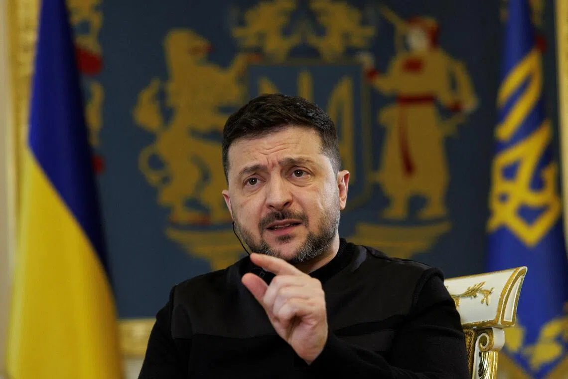 Ukrainian President Volodymyr Zelensky speaking during an interview with Reuters in Kyiv, Ukraine, on March 25.