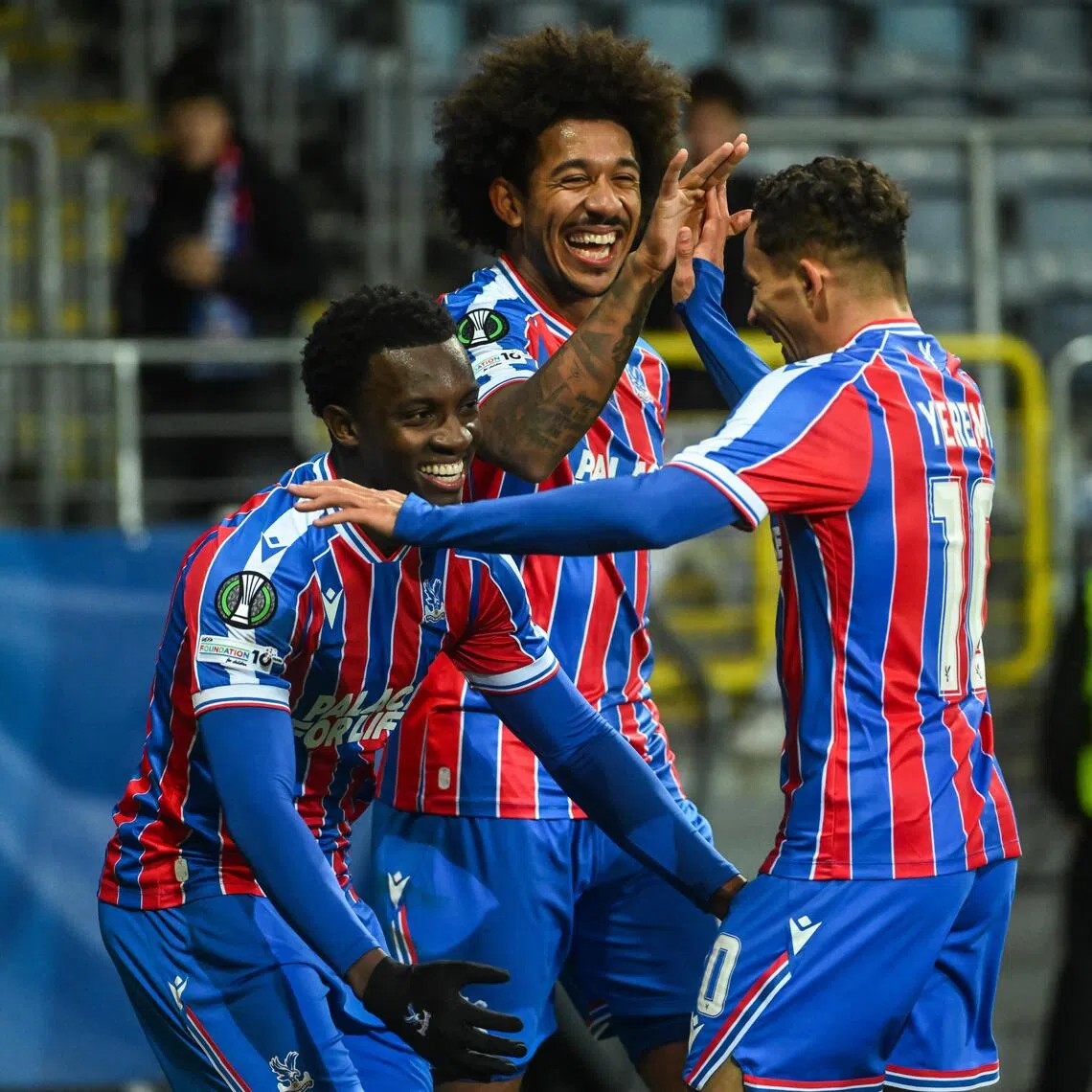 Eddie Nketiah of Crystal Palace celebrates with Chris Richards and Yeremy Pino after scoring in the Conference League win over Dynamo Kyiv.
