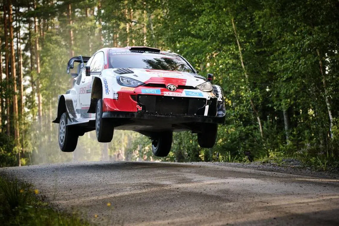 Rallying - World Rally Championship - Rally Finland - Jyvaskyla, Finland - August 6, 2023  Toyota's Elfyn Evans and co-driver Scott Martin in action  Hannu Rainamo/Lehtikuva via REUTERS/ File Photo