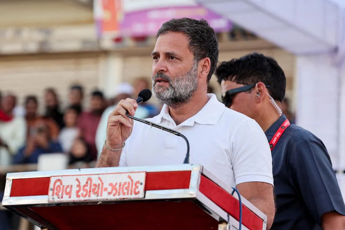 Rahul Gandhi, a senior leader of India's main opposition Congress party addresses his supporters in a public meeting during Rahul's 66-day long \"Bharat Jodo Nyay Yatra\", or Unite India Justice March, in Jhalod town, Gujarat state, India, March 7, 2024. REUTERS/Amit Dave