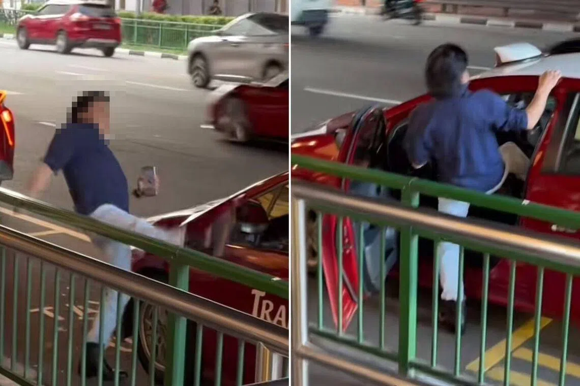 At one point in the video, the man in blue kicks the left rearview mirror of the taxi, breaking it and leaving it dangling from the side of the vehicle.
