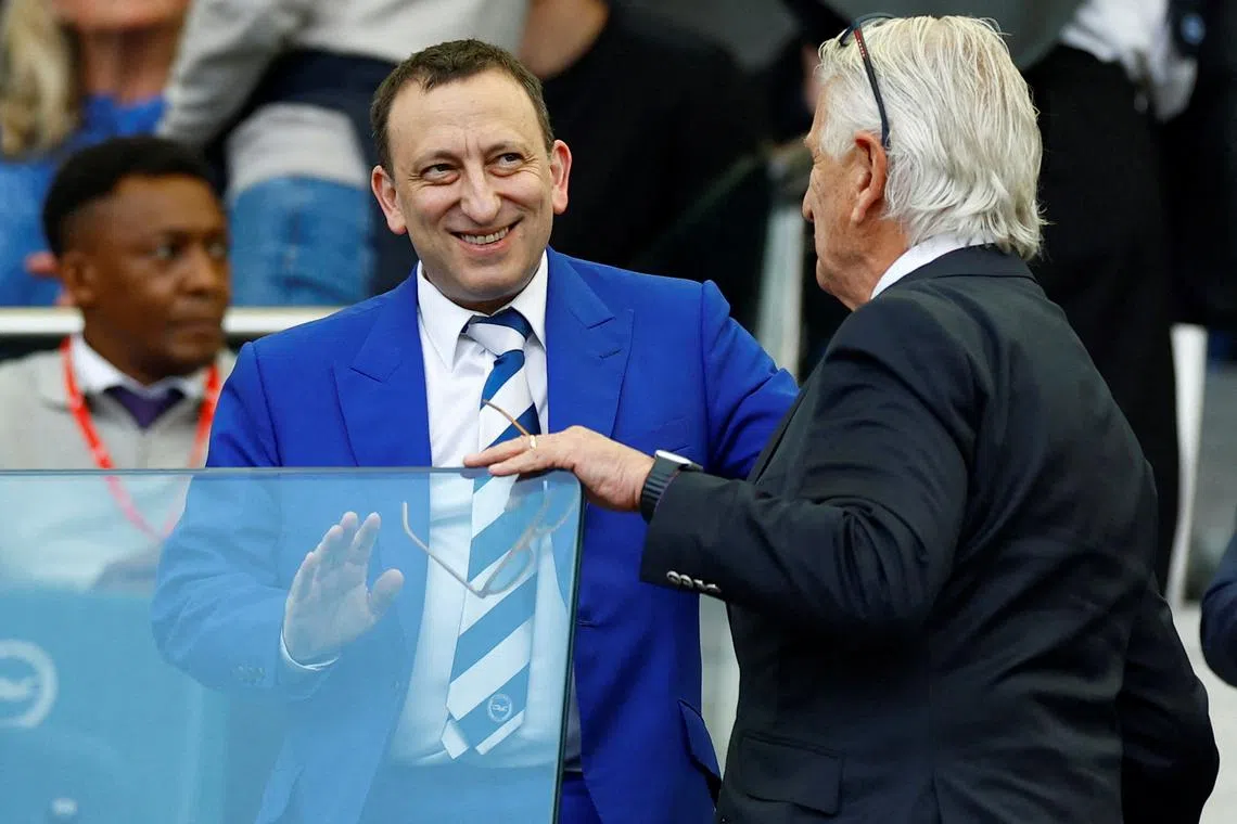 FILE PHOTO: Soccer Football - Premier League - Brighton & Hove Albion v Manchester United - The American Express Community Stadium, Brighton, Britain - May 19, 2024 Brighton & Hove Albion chairman Tony Bloom in the stands Action Images via Reuters/Peter Cziborra/File Photo