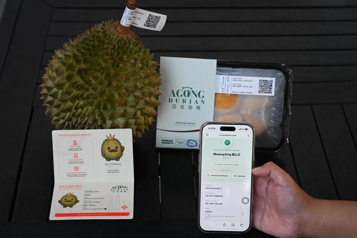 The AGONG Durian, first brand in Asia to use blockchain tech to help consumers verify the type of durian they are eating, at an event at Thomson Plaza on July 9.