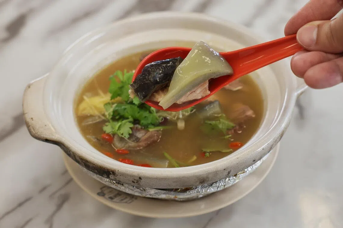 A bowl of claypot turtle soup from Tan Ser Seng Herbs Restaurant in Geylang.