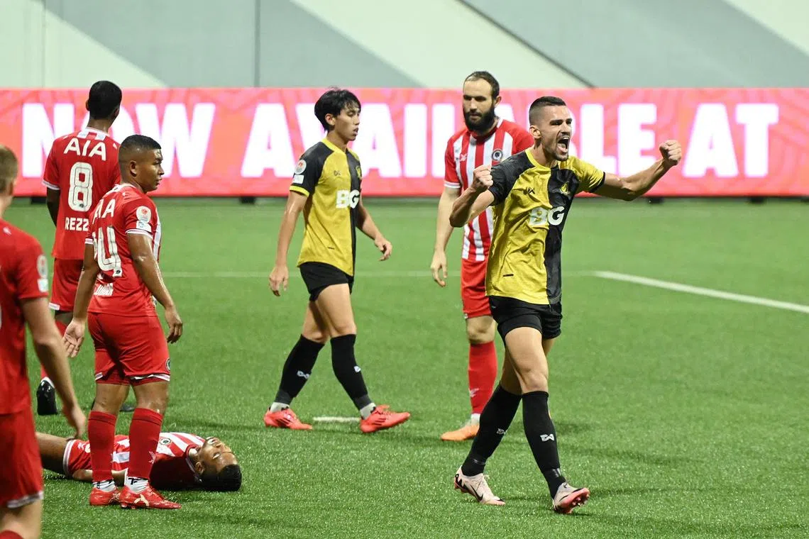 BG Tampines Rovers forward Boris Kopitovic celebrates after he scored the fourth goal in their 5-0 win over against Tanjong Pagar United on Nov 22, 2024 at Jalan Besar Stadium.