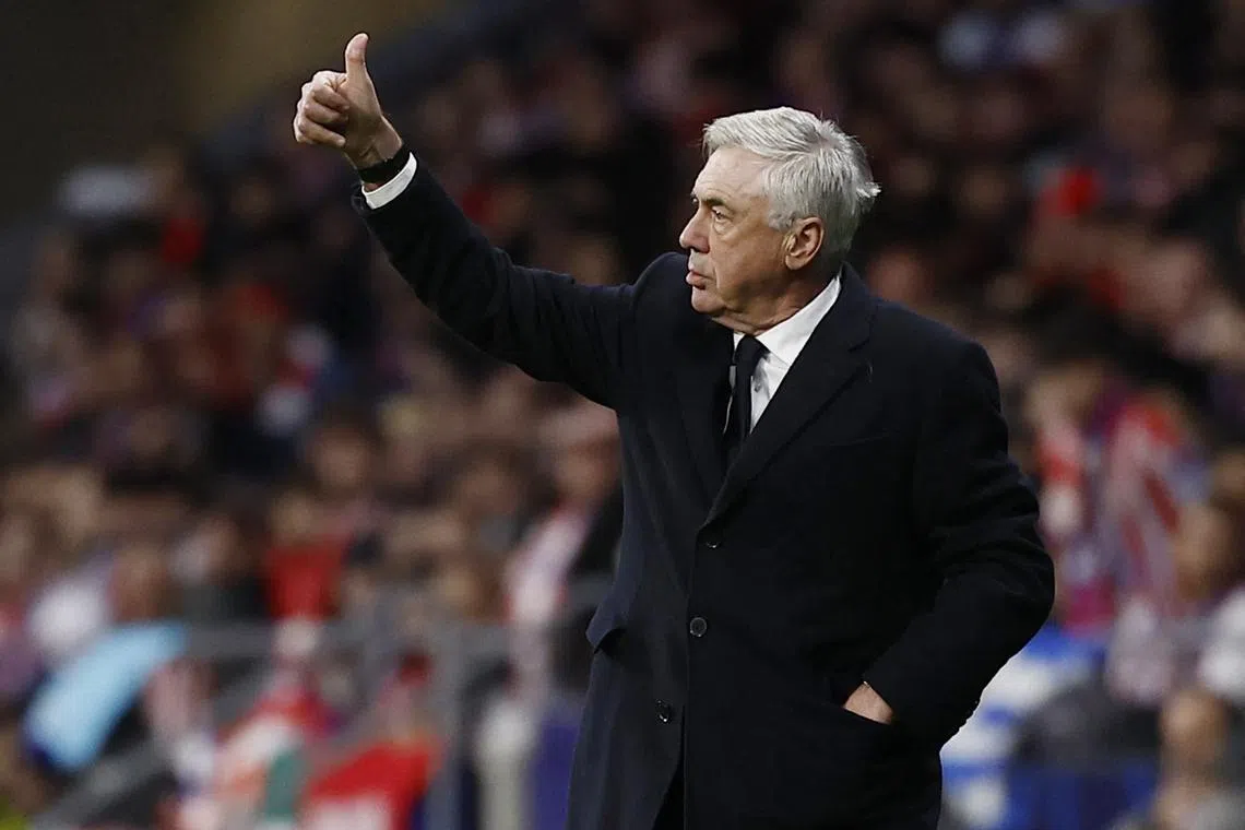 FILE PHOTO: Soccer Football - Champions League - Round of 16 - Second Leg - Atletico Madrid v Real Madrid - Metropolitano, Madrid, Spain - March 12, 2025 Real Madrid coach Carlo Ancelotti reacts REUTERS/Juan Medina/File Photo