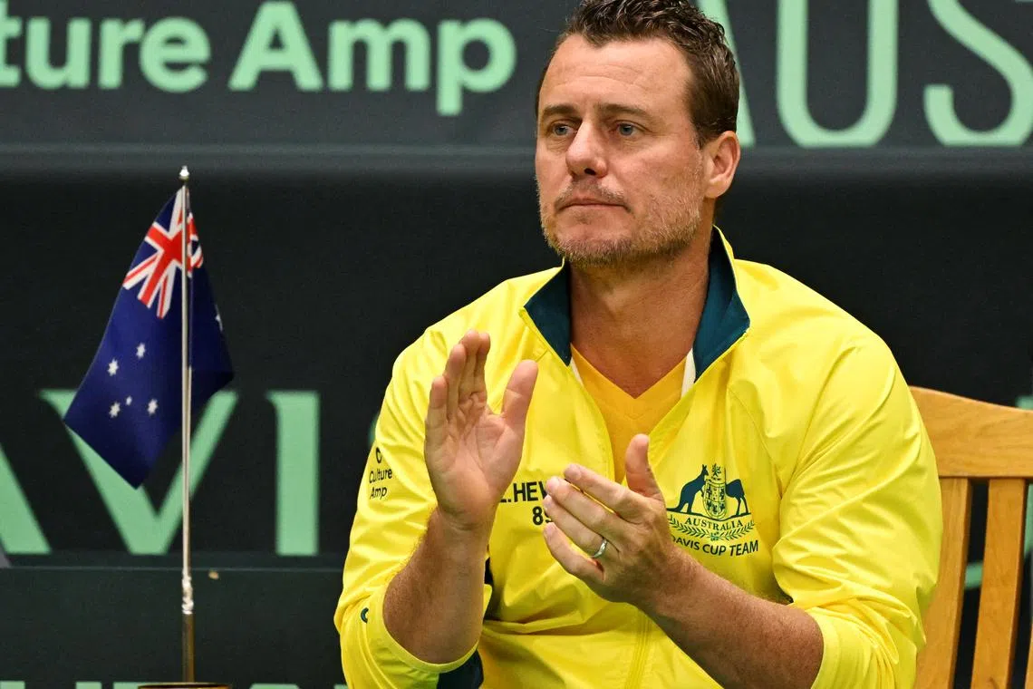 FILE PHOTO: Tennis - Davis Cup - Qualifiers - First Round - Sweden v Australia - The Royal Tennis Hall, Stockholm, Sweden - February 1, 2025 Australia team captain Lleyton Hewitt during the singles match between Sweden's Leo Borg against Australia 's John Peers  Jonas Ekstromer/TT News Agency via REUTERS/ File Photo