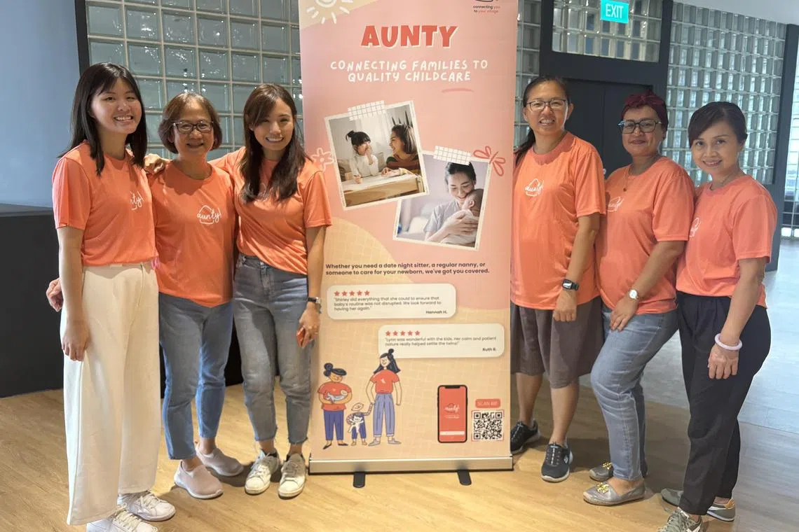 From left: Ms Wu Jiafang, 25-year-old chief operating officer of Aunty SG, Ms Elin Chan, 66, Ms Amanda Ong, 32-year-old chief executive officer of Aunty SG. Ms Tan Liping, 52, Ms Yasmine Ali, 47, and Ms Lille Tien, 57.  Besides Jiafang and Amanda, the other women are all child-minders.


Credit;  Aunty SG