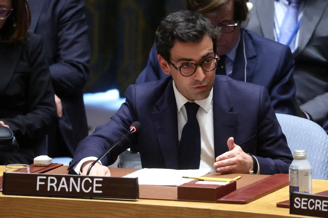 FILE PHOTO: French Foreign Minister Stephane Sejourne speaks during a United Nations Security Council meeting ahead of the 2nd anniversary of the Russian invasion of Ukraine, at the U.N. headquarters in New York, U.S., February 23, 2024. REUTERS/Mike Segar/File photo