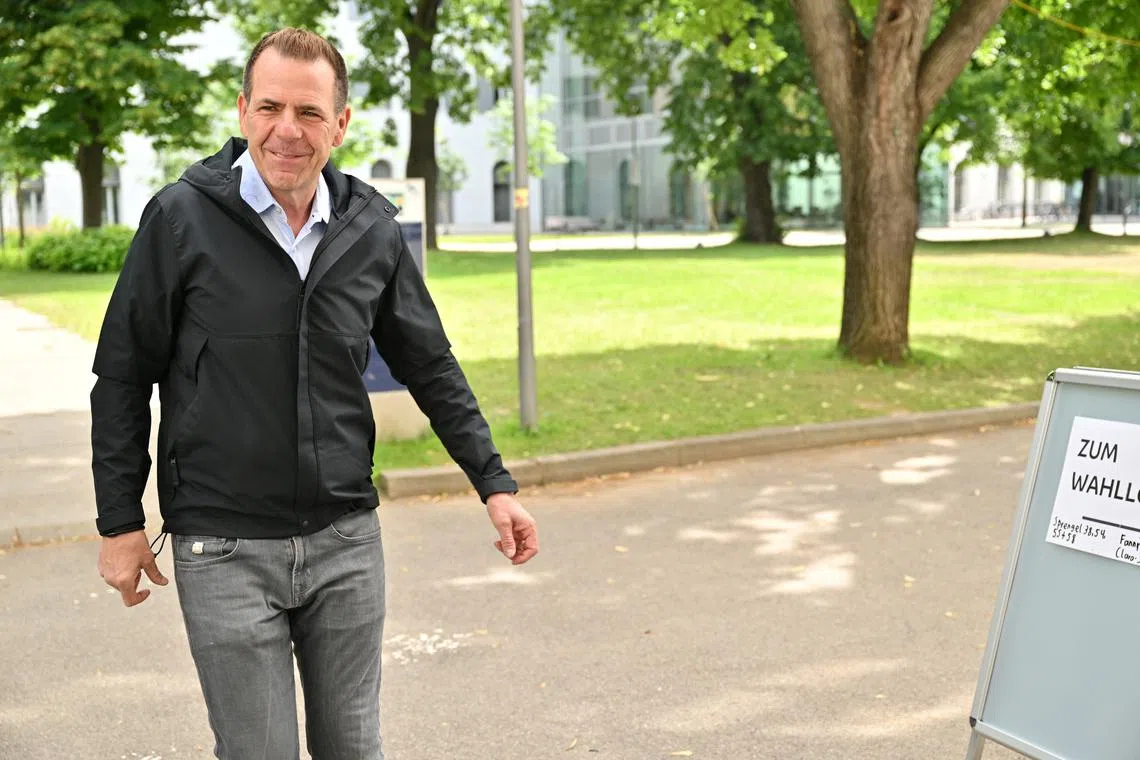 Austria's FPOe Freedom Party's top candidate for the European election Harald Vilimsky arrives at the polling station during the EU election in Vienna, Austria, June 9, 2024. REUTERS/Elisabeth Mandl/