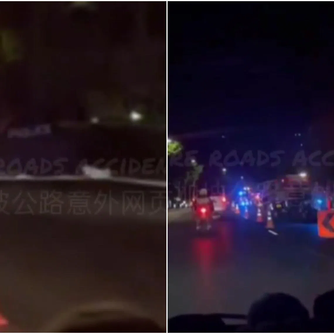 A blue police tent sits on the right-most lane amid the vehicles, which includes at least one police van, three police cars and three police motorcycles.