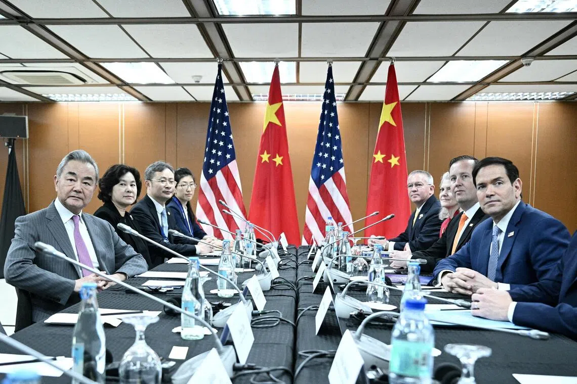 Chinese Foreign Minister Wang Yi (far left) meeting US Secretary of State Marco Rubio (far right) on the sidelines of the ASEAN Foreign Ministers’ Meeting in Pasay, the Philippines, in July.
