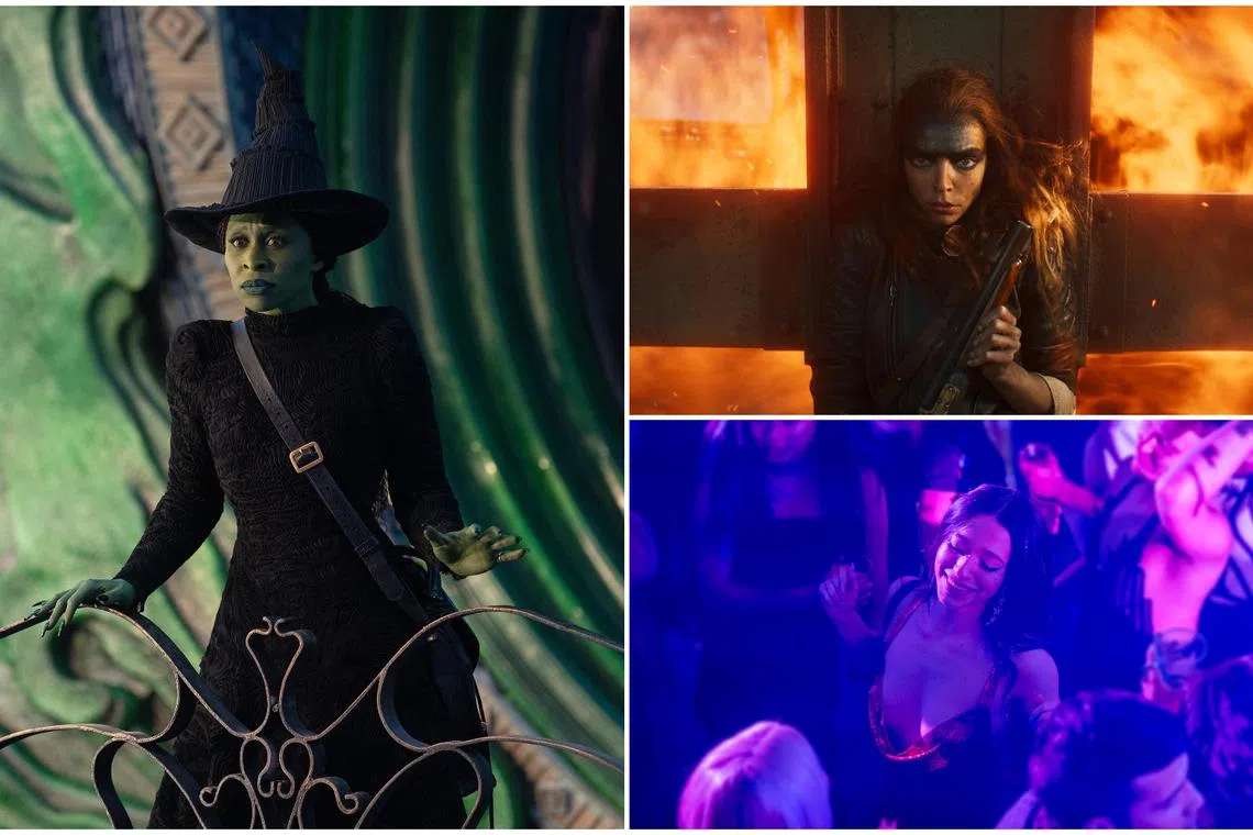 (Clockwise from left) Actress Cynthia Erivo in Wicked (2024), Anya Taylor-Joy in Furiosa: A Mad Max Saga (2024), and Mikey Madison in Anora (2024).