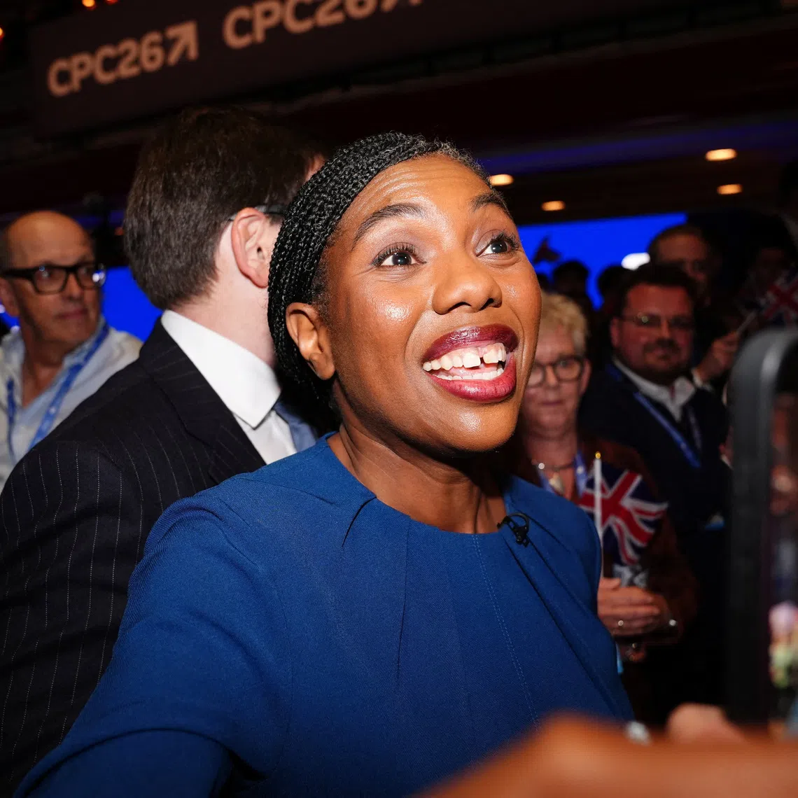 Britain's Conservative Party leader Kemi Badenoch leaves the stage after delivering her keynote speech, during the Conservative Party conference at the International Convention Centre, Birmingham, Britain, October 7, 2026.    Jacob King/Pool via REUTERS