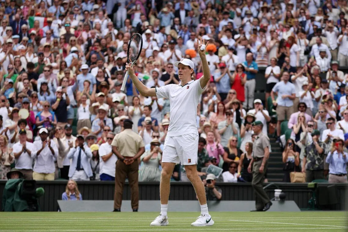 Tennis - Wimbledon - All England Lawn Tennis and Croquet Club, London, Britain - July 1, 2026
Italy's Jannik Sinner celebrates winning his second round match against Portugal's Nuno Borges REUTERS/Marko Djurica     TPX IMAGES OF THE DAY