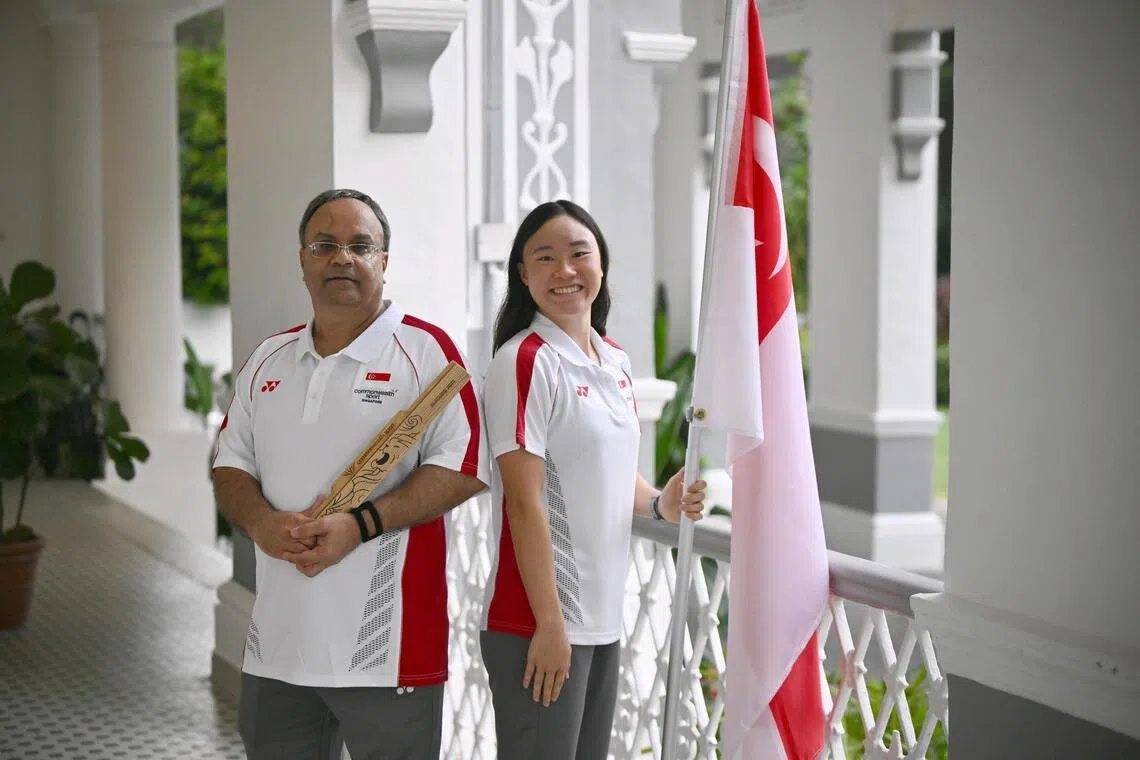 Team Singapore flag bearers swimmer Gan Ching Hwee and para bowler Mawjit Singh s/o Gurmet Singh, at The British High Commissioner's Residence, Eden Hall, on Jul 6, 2026.