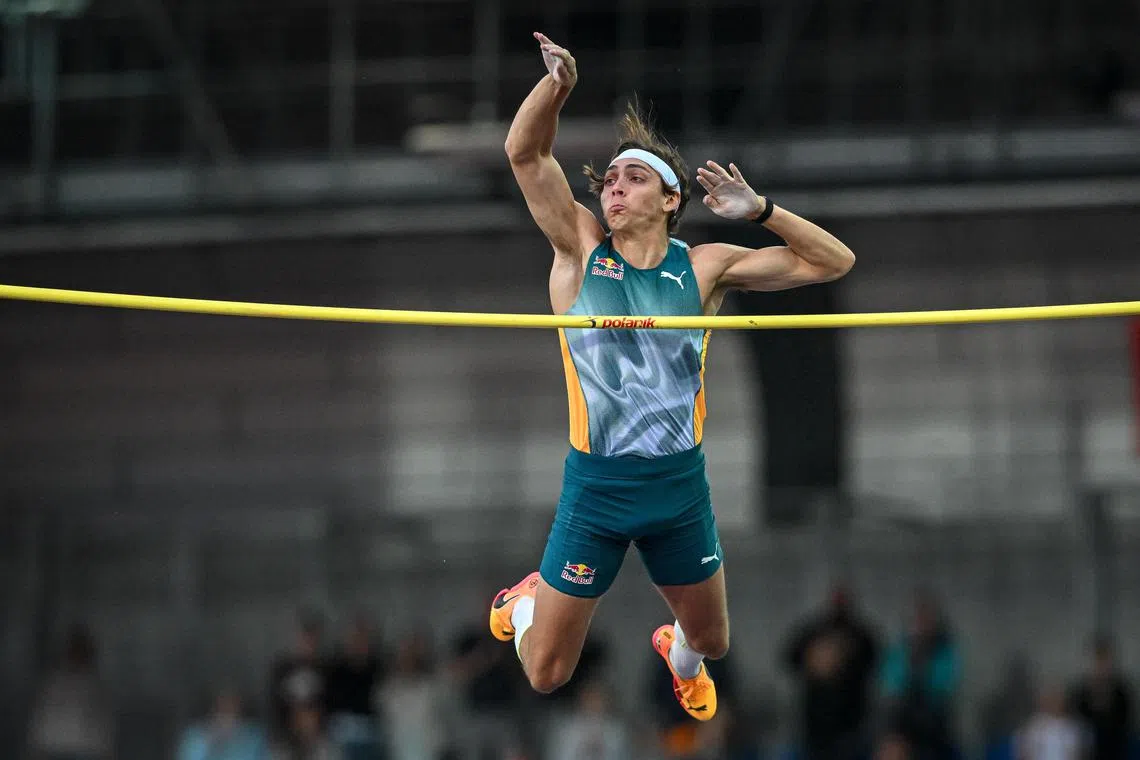 Armand Duplantis of Sweden competes in the pole vault at the Golden Spike meet in the Czech Republic on May 28, 2024.