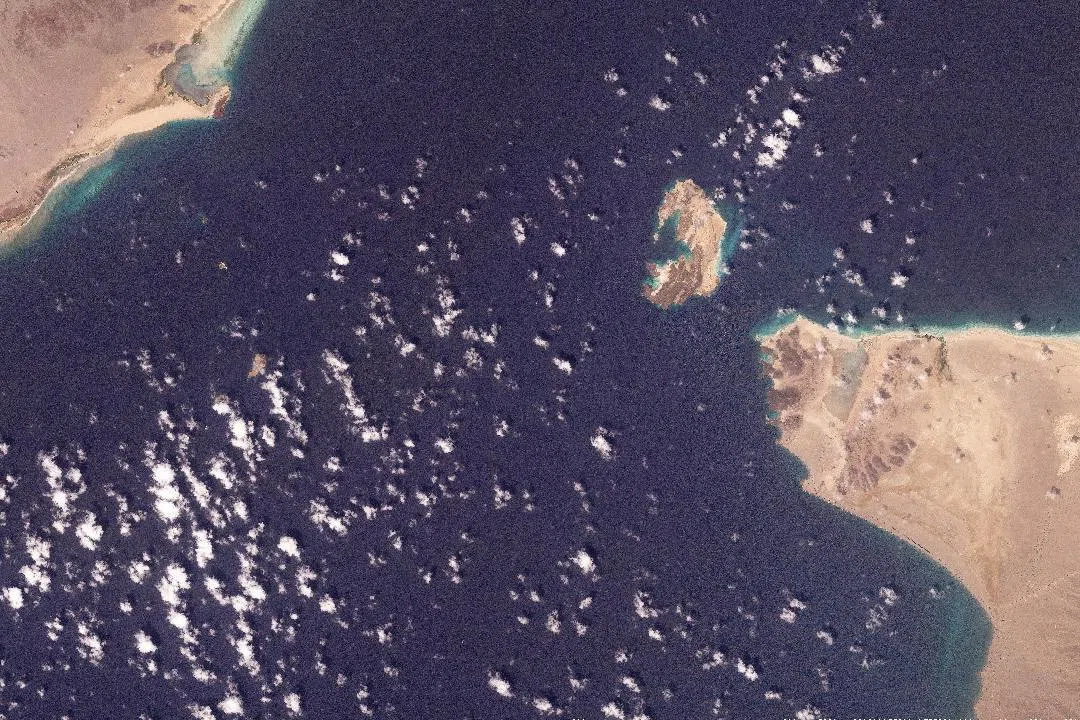 A satellite image shows the Bab al-Mandab strait off the coast of Yemen.