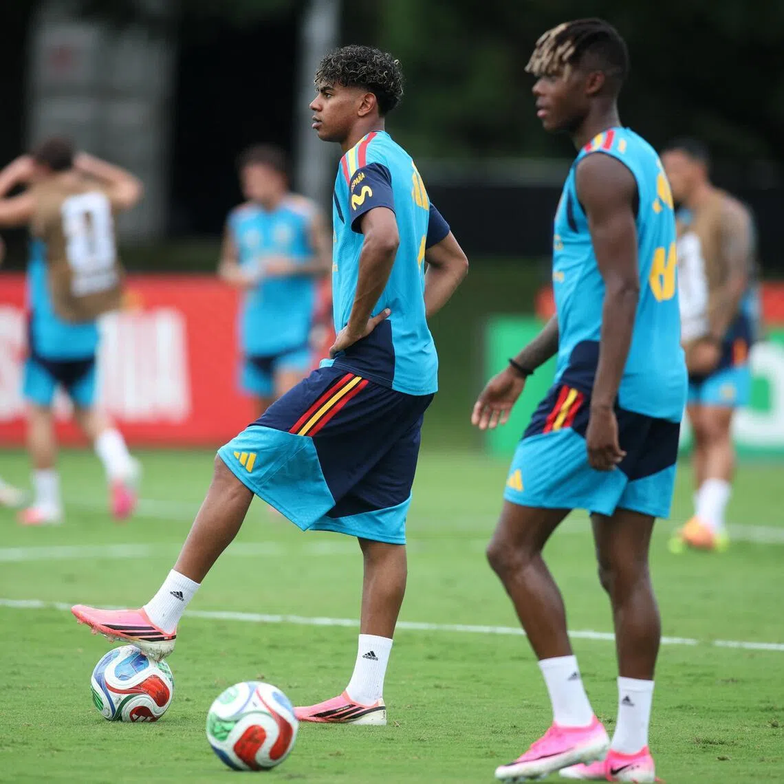 Spain's Lamine Yamal (left) and Nico Williams during training at Baylor School in Chattanooga, Tennessee, on June 6, 2026, ahead of the 2026 World Cup.