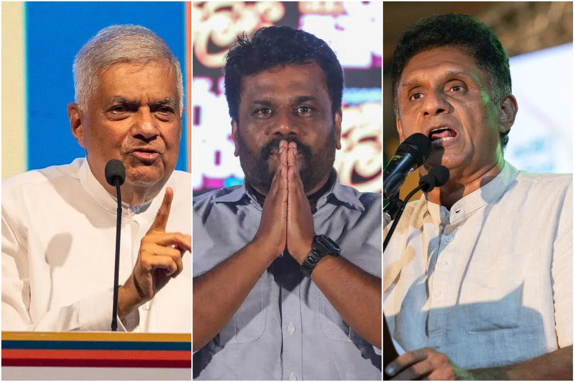 (From left) Sri Lankan President Ranil Wickremesinghe, Mr Anura Kumara Dissanayake and current opposition leader Sajith Premadasa.