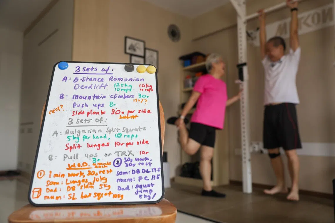 A whiteboard detailing James and Ai Ling’s fitness regimen at their home gym on Sep 8, 2026.
