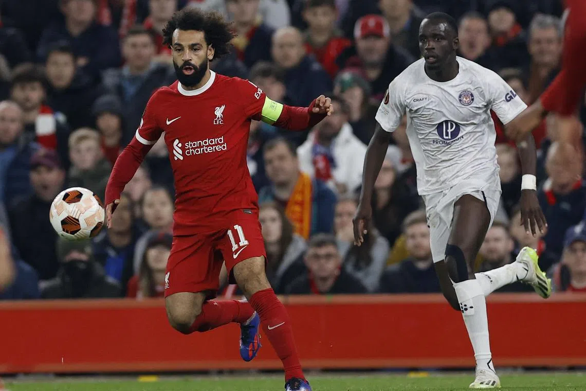 Toulouse's Moussa Diarra in action with Liverpool's Mohamed Salah in the Europa League.