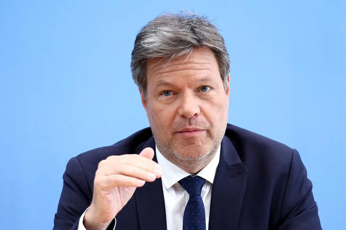 FILE PHOTO: German Economy and Climate Minister Robert Habeck attends a press conference about the spring economic forecasts in Berlin, Germany April 24, 2024. REUTERS/Liesa Johannssen/File Photo