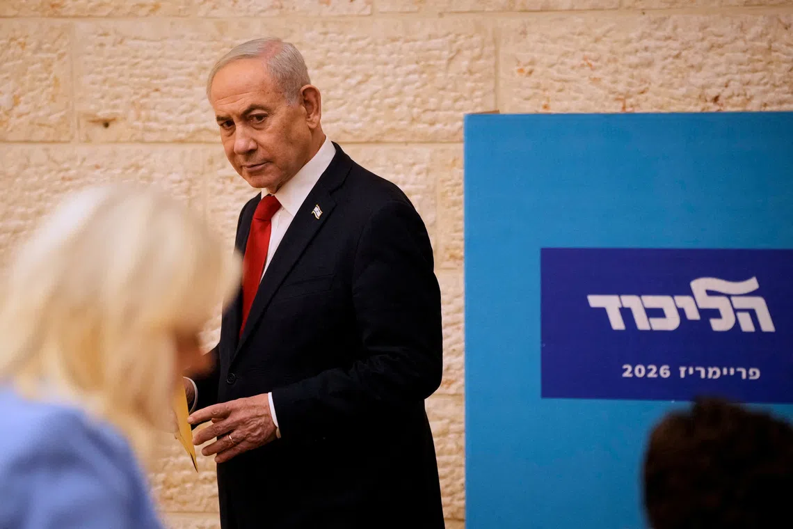 FILE PHOTO: Israeli Prime Minister Benjamin Netanyahu, votes in Likud party primary elections ahead of Israel’s general election in October, in Jerusalem, Monday, August. 17, 2026.   Ohad Zwigenberg/Pool via REUTERS/File Photo