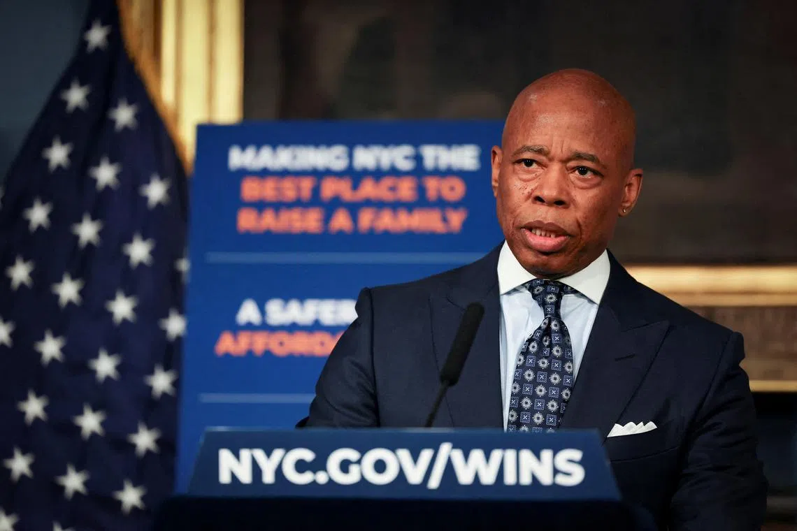 FILE PHOTO: New York City Mayor Eric Adams speaks during a press conference at City Hall in Manhattan in New York City, U.S., March 24, 2025. REUTERS/Jeenah Moon/File Photo