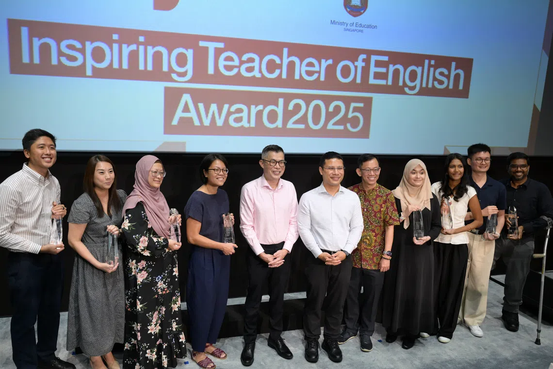 Education Minister Desmond Lee (centre), ST editor Jaime Ho (fifth from left) and Speak Good English Movement chairman Jason Leow (fifth from right) with recipients of the Inspiring Teacher of English Award 2025.