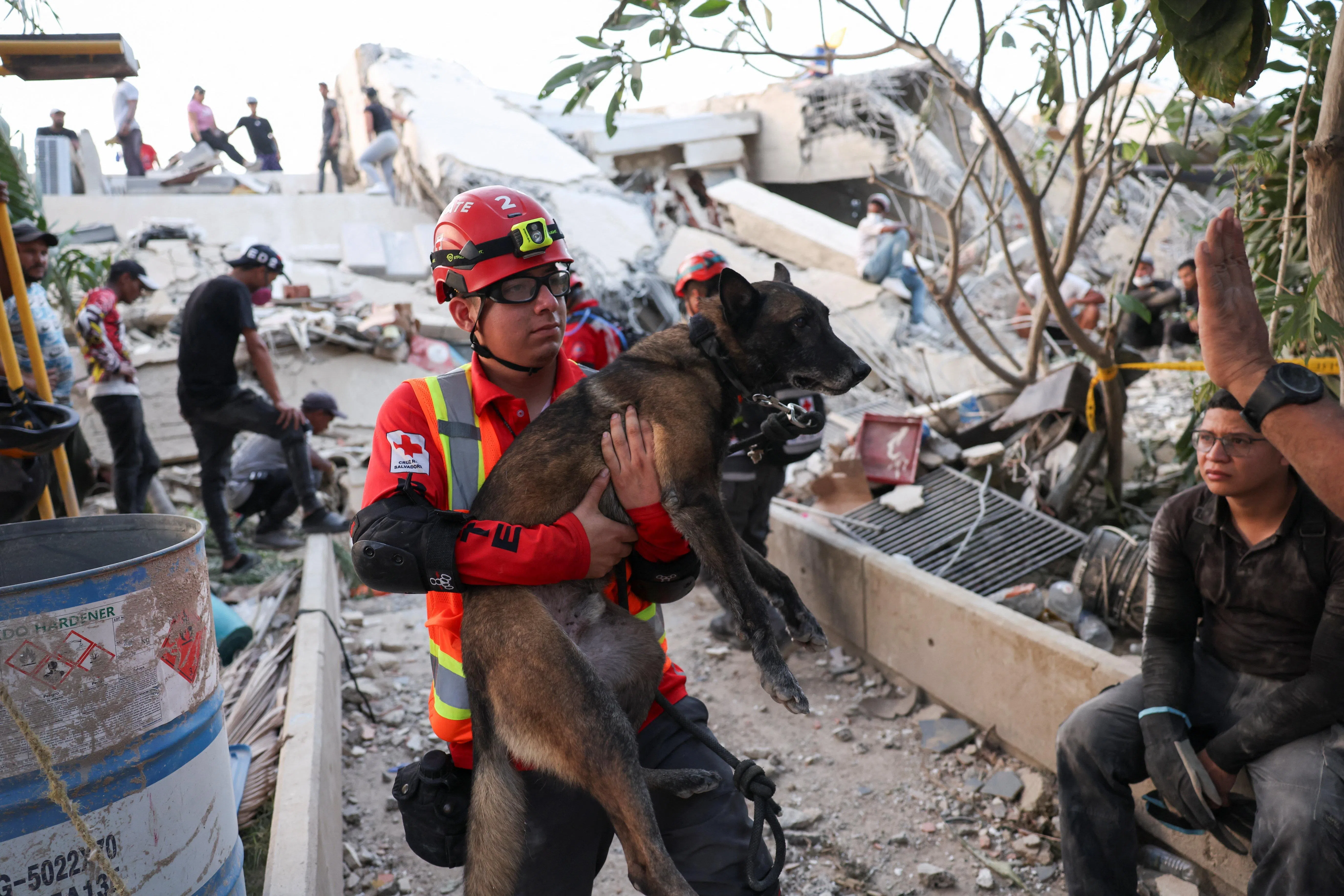 A member of the El Salvador rescue team hold a dog as the search for survivors continues following an earthquake, in La Guaira, Venezuela, June 26, 2026. REUTERS/Leonardo Fernandez Viloria