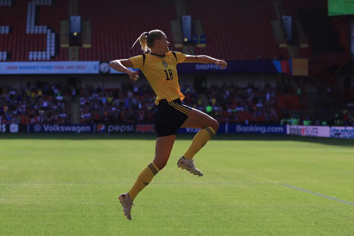 FILE PHOTO: Soccer Football - Women's Euro 2022 - Group C - Sweden v Switzerland - Bramall Lane, Sheffield, Britain - July 13, 2022 Sweden's Fridolina Rolfo celebrates scoring their first goal REUTERS/Lee Smith/File Photo