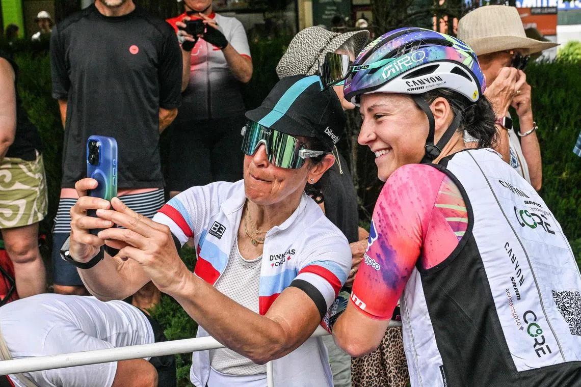 Canyon//Sram Zondacrypto rider Chloe Dygert of the United States celebrating winning Stage 3 of the Tour Down Under cycling race in Adelaide on Jan 19.