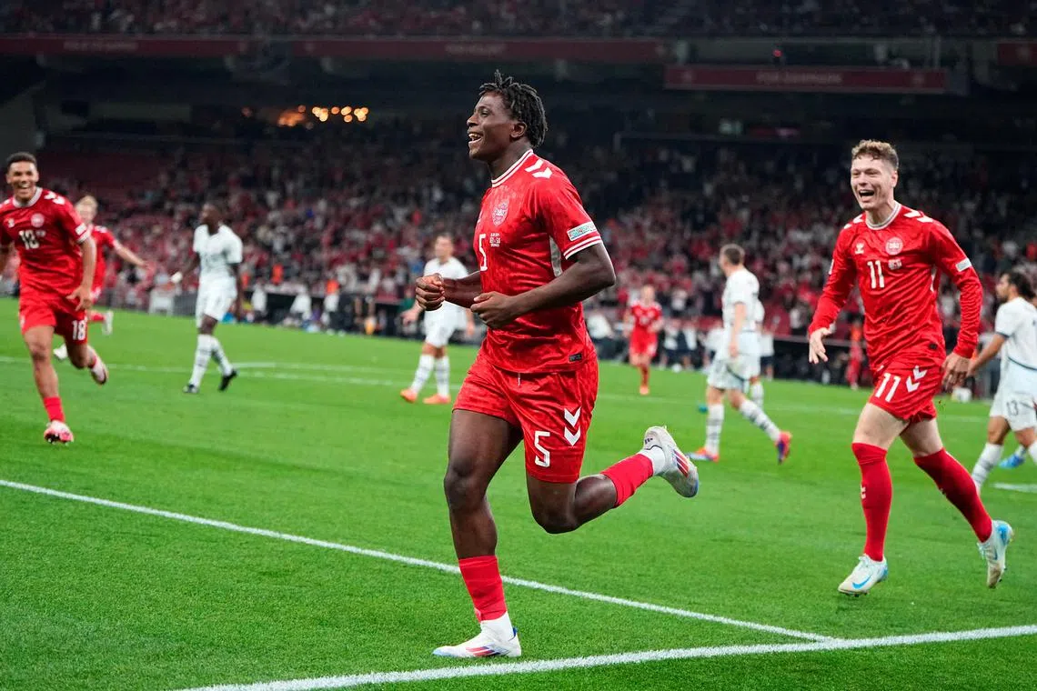 Soccer Football - UEFA Nations League - League A - Group D - Denmark v Switzerland - Parken Stadium, Copenhagen, Denmark - September 5, 2024 Denmark's Patrick Dorgu celebrates scoring their first goal  Mads Claus Rasmussen/Ritzau Scanpix via REUTERS