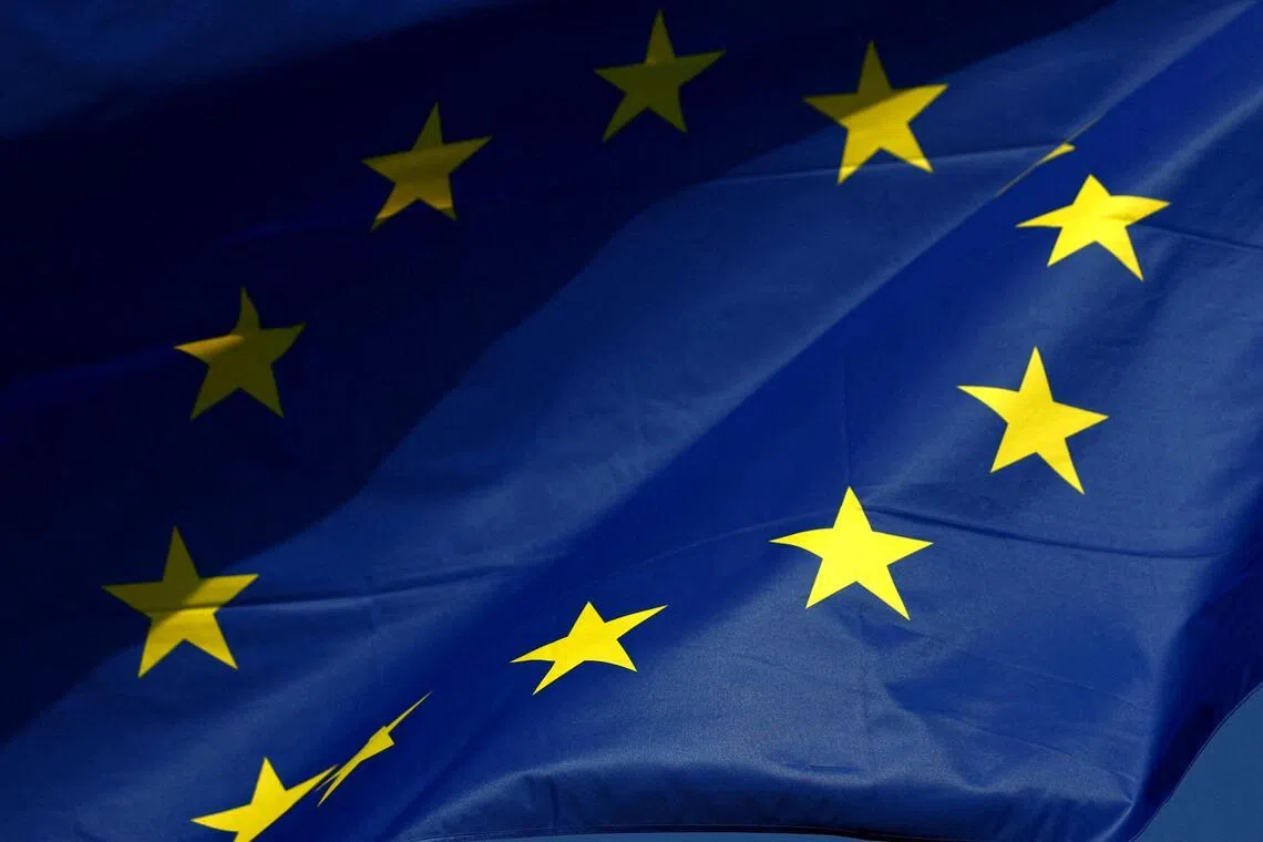 FILE PHOTO: A European Union flag flutters outside the European Commission headquarters in Brussels, Belgium Februrary 26, 2026. REUTERS/Yves Herman//File Photo