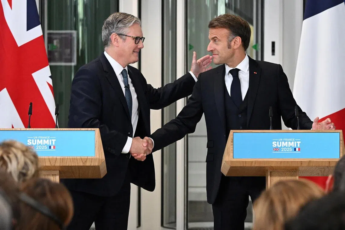 British Prime Minister Keir Starmer (left) and French President Emmanuel Macron holding a press conference in London on July 10.