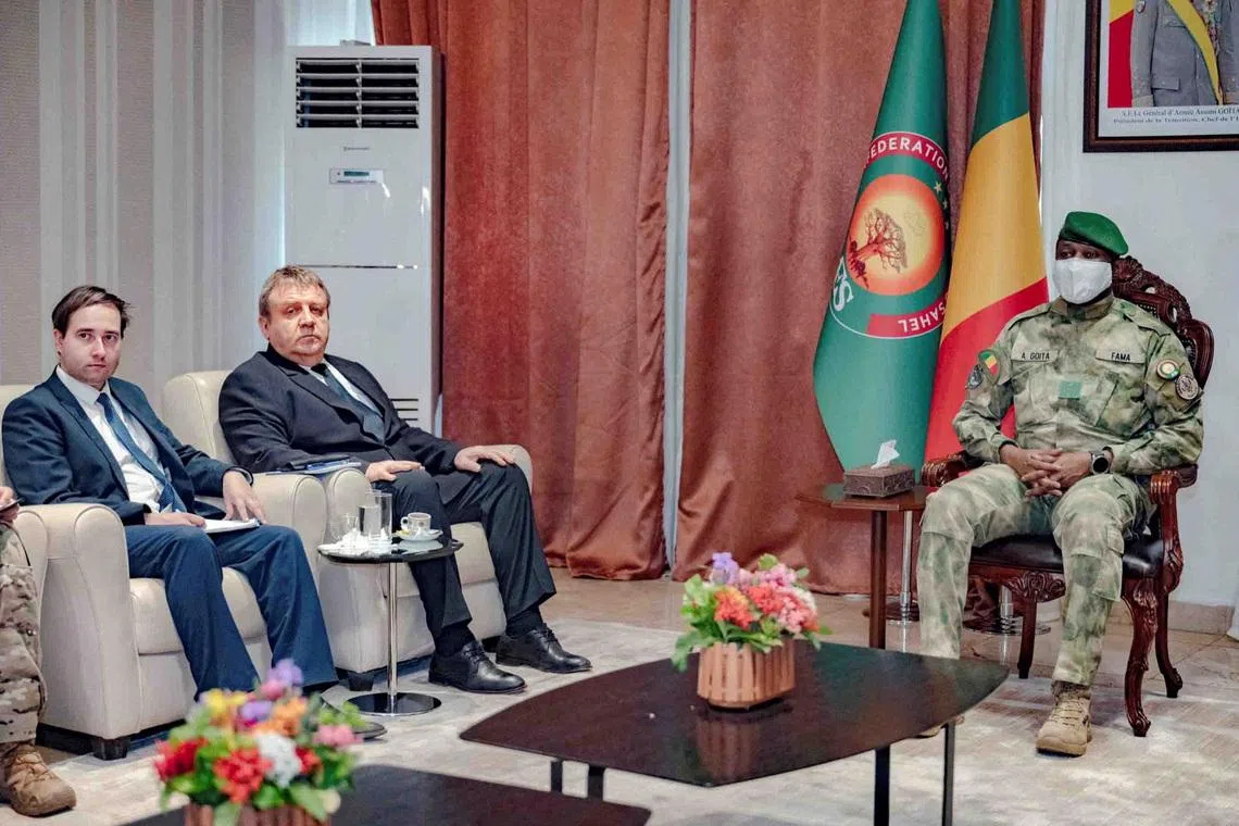 Assimi Goita, the leader of Mali's military government, meets with Russian officials, including Russian ambassador Igor Gromyko, according to Mali's presidency, at Koulouba Palace in Bamako, Mali, in this handout photo released April 28, 2026.    Mali Presidency via Facebook/Handout via REUTERS