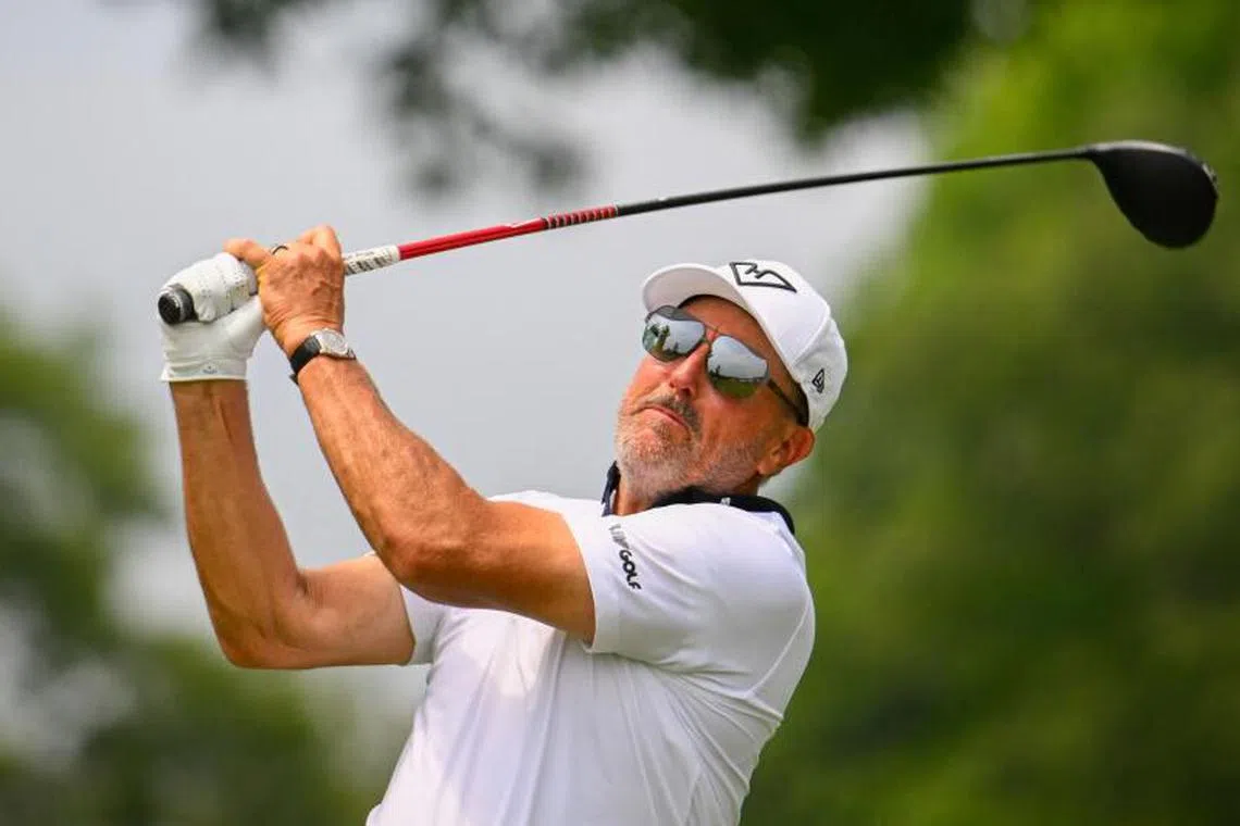 Phil Mickelson of HyFlyers GC tees off at the 12th tee on day one of LIV Golf Virginia at Robert Trent Jones Golf Club on June 6.