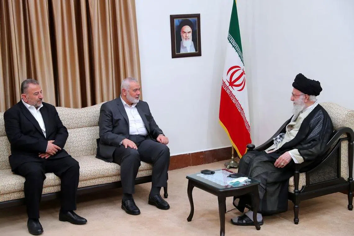 Iran's Supreme Leader Ayatollah Ali Khamenei meets with Palestinian group Hamas' top leader, Ismail Haniyeh, in Tehran, Iran June 21, 2023. Office of the Iranian Supreme Leader/WANA/ File Photo