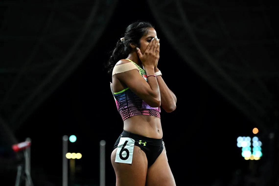 Shanti Pereira wins the women's 200m gold medal at the Asian Games at the Hangzhou Olympic Sports Centre Stadium on October 2, 2023.
