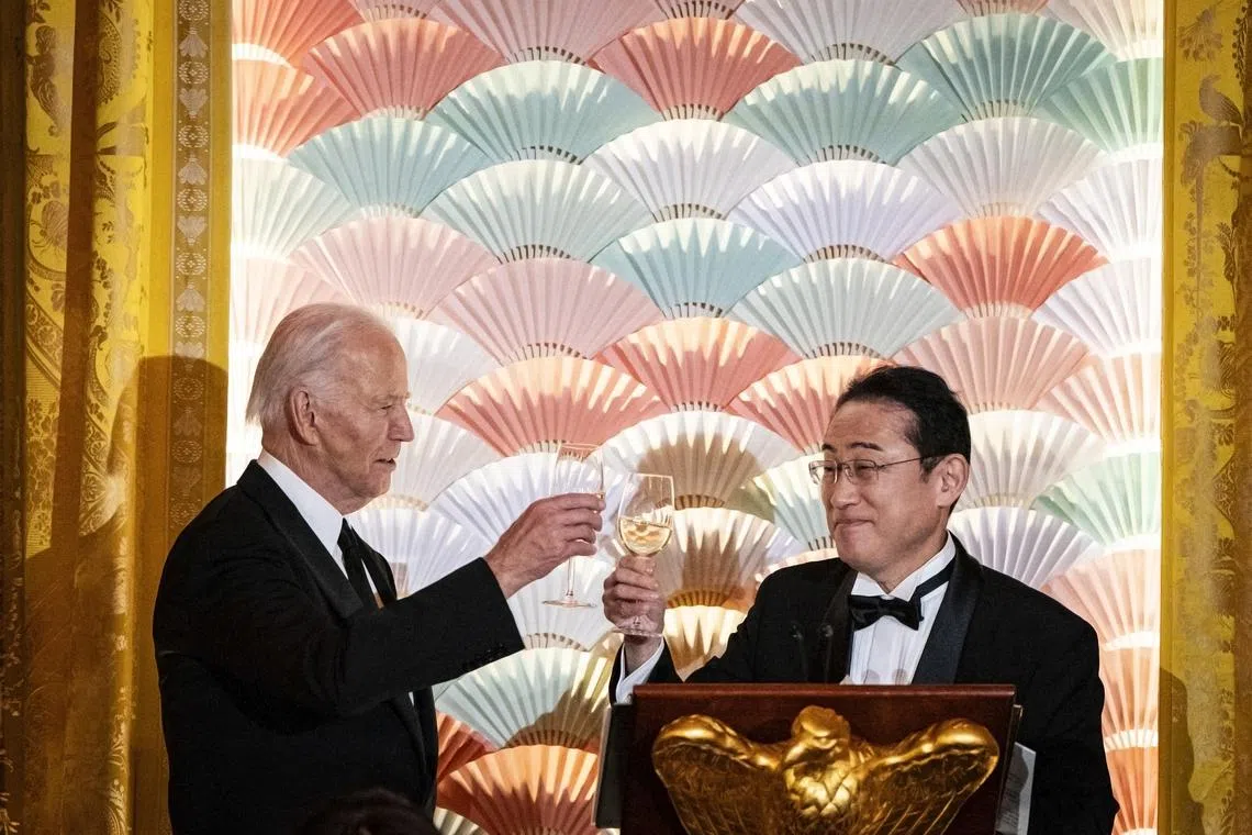 US President Joe Biden and Japan PM Fumio Kishida at a state dinner at the White House on April 10.
