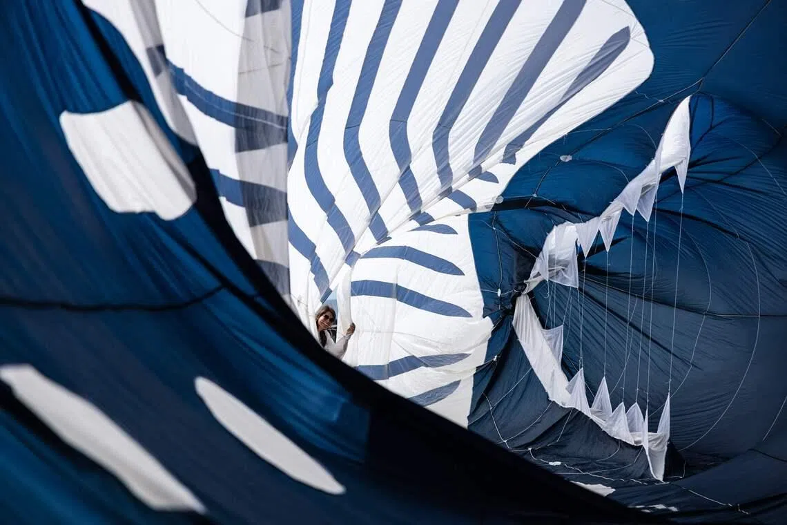 A participant looking through a kite depicting a whale while taking part in the 39th International Kite Festival at the beach of Berck-sur-Mer, northern France, on April 18.