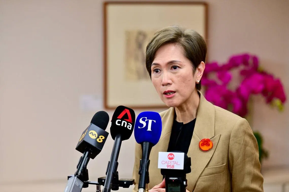 Minister for Communications and Information Minister Josephine Teo giving a door stop interview to the media after the briefing on Feb 21.