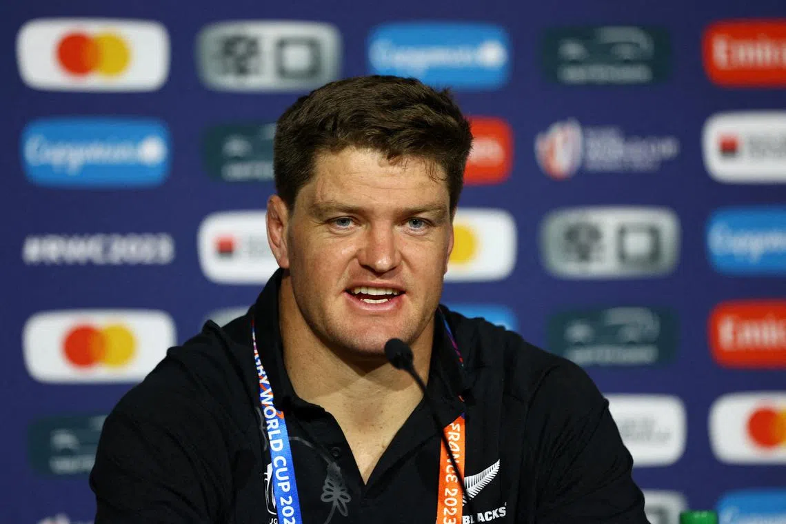FILE PHOTO: Rugby Union - Rugby World Cup 2023 - New Zealand Press Conference - Groupama Stadium, Lyon, France - September 28, 2023 New Zealand's Scott Barrett during a press conference REUTERS/Paul Childs/File Photo