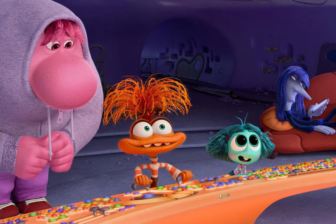 LR - Embarrassment (voice of Paul Walter Hauser), Anxiety (voice of Maya Hawke), Envy (voice of Ayo Edebiri) and Ennui (voice of Adèle Exarchopoulos)  in Inside Out 2


Source: The Walt Disney Company
