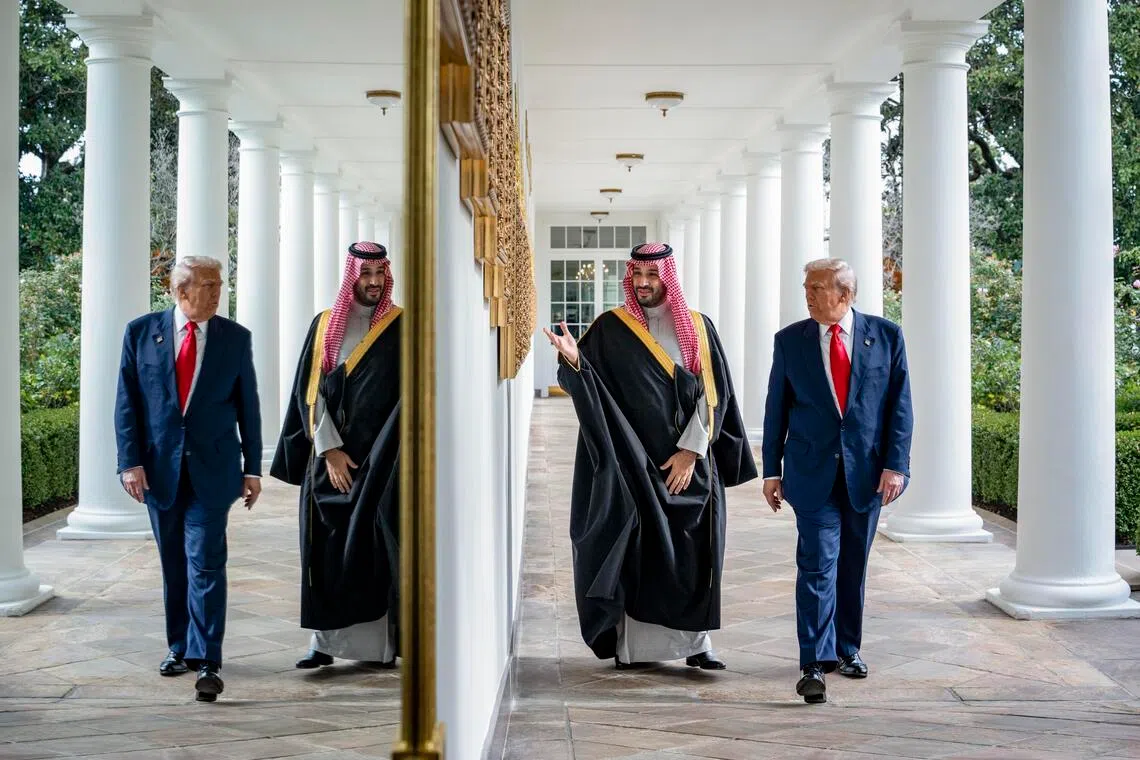 US President Donald Trump and Crown Prince Mohammed Salman of Saudi Arabia walk along the White House Colonnade in Washington, on Nov 18, 2025.