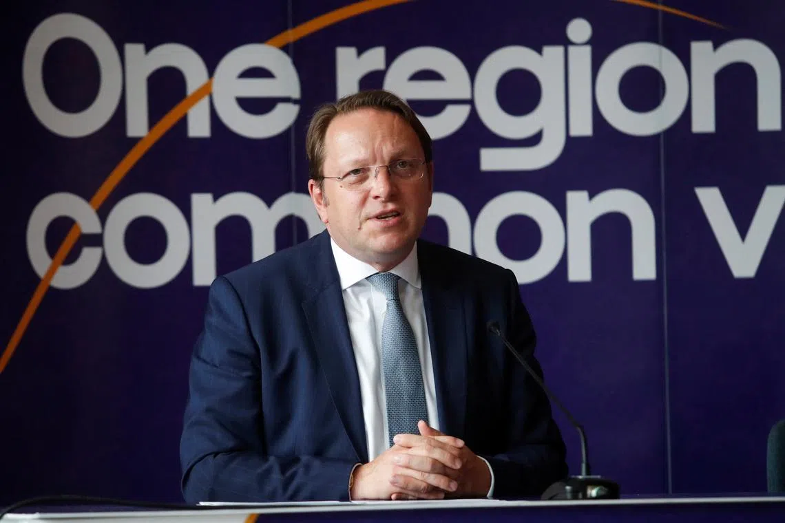 FILE PHOTO: European Commissioner for Neighbourhood and Enlargement, Oliver Varhelyi speaks at a press conference during a summit of leaders of the Western Balkans and the European Union on a growth plan for the Western Balkans in Kotor, Montenegro, May 16, 2024. REUTERS/Stevo Vasiljevic/File Photo